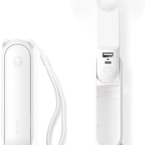 JISULIFE Handheld Fan, 3 IN 1 Mini Hand Fan, Portable USB Rechargeable Small Pocket Fan, Battery Operated Fan [12-19 Working Hours] with Power Bank, Flashlight Feature for Women,Travel-White