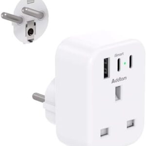 UK to European Plug Adapter with 3 USB Ports(2 USB C), EU Schuko Travel Adaptor for Germany France Spain Turkey Russia Iceland Greece Poland Portugal Austria Netherlands(Type E/F)