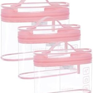 BAGSMART TSA Clear Toiletry Bag,3 Pack PVC Makeup Cosmetic Bag Organizer,Quart Size Travel Bag for Toiletries,Carry-on Travel Accessories Essentials,Pink-3pcs