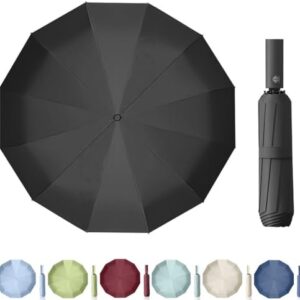 Umbrella Windproof Strong Compact Waterproof 24 Ribs Folding Travel Large Auto Open Close Umbrellas Wind Umbrella (Black)