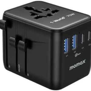MOMAX Universal Travel Adapter,70W GaN Travel Plug Adapter with UK/EU/AU/US Plugs, 2AC, 3USB-C PD & 2USB-A QC International Adapter Charger, Adapter Plug for Laptops Tablets Phones