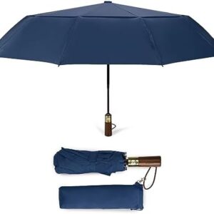 ECOHUB Travel Umbrella Windproof Strong With Compact Foldable, Automatic Open/Close, 10 Sturdy Ribs, Recycled PET Fabric, Wooden Handle & Ventilated Waterproof Canopy - Anti-Lost Sleeve, Navy Blue