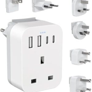 UK to Worldwide Travel Adapter Set, Travel Adaptor Kit with 4 USB Ports (2 USB C), International Plug Adapter with 6 Removable Plug