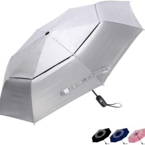 G4Free 42/46 Inch Travel Folding Umbrella Windproof Compact UPF 50+ UV Protection Double Canopy Silver Coating Sun Rain Umbrella