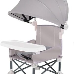 Baby Foldable High Chair, Removable Infant Travel Booster Seat, Toddlers Camping Dining Seat Inflatable Baby Chair, Travel Highchair with Tray & Canopy, Toddler Feeding Chairs (Grey, One Size)