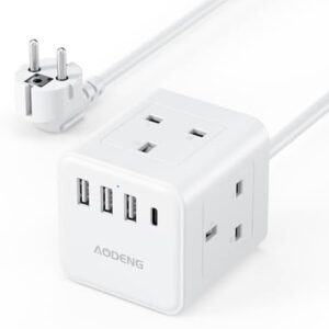 UK to European Plug Adapter with 1.5M Extension Cable, Aodeng 4 Way Travel Extension Lead with 4 USB Compact Cube Type E/F Travel Adapter for Germany France Spain Poland Greece Netherlands etc.