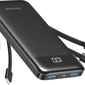 Charmast Power Bank with Built in Cables X 4, 10000mAh USB C Battery pack 6 Outputs 3 Inputs with LED Display Type C Powerbank Portable Charger Compatible with Smartphones Tablets and More