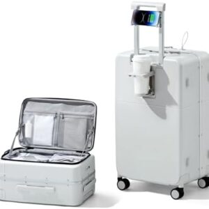 24 Inch Medium Checked Suitcases Top Opening with Wheels Hard Shell Suitcase Hand Luggage with Combination Lock and Cup Holder,Smoke White