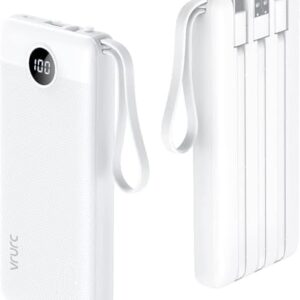 VRURC 10000mAh Power Bank With Built in Cables,USB C Battery Pack Portable Charger with 5 Outputs 2 Inputs Powerbank LED Display compatible with iPhone 14 13 12 Samsung S21 S20 Xiaomi iPad