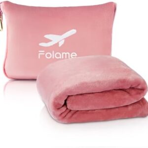 Folame Soft Travel Blanket and Pillow - 2 in 1 Airplane Blanket Compact with Soft Bag Pillowcase, Luggage Belt and Backpack Clip, Portable Long Flight Essentials for Travel/Pink