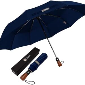 Umbrella Windproof With Wood Handle - Travel and Automatic Umbrella, Compact for Men and Woman - with 10 Ribs Fiberglass and Compact Rain Protect(Blue)