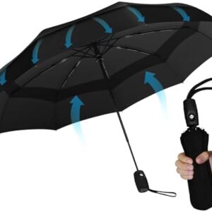 Windproof Travel Umbrella, Automatic Folding Umbrellas, 9-Rib Compact Travel Umbrella, Double Vented Canopy, 210T Teflon Coating, One-Touch Automatic Opening and Closing Handle