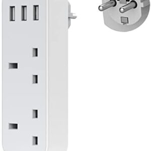 UK to European Plug Adapter with 3 USB, TESSAN Grounded EU Euro Europe Travel Plugs, Schuko European Adaptor for France Spain Iceland Austria Poland Germany Portugal Turkey Greece and More Type E/F
