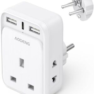 UK to European Plug Adaptor with 3 USB Ports(1 20W USB C Ports) and 2 Shaver Adapter Plug for Universal Shaver/Toothbrush, European Plug Adapter for Germany Spain Greece Iceland Poland etc (Type E/F)