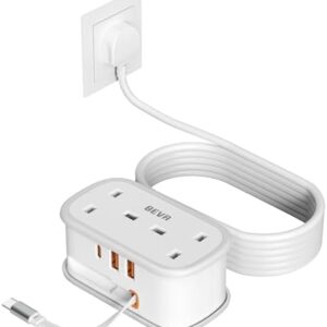 Travel Extension Lead, BEVA Power Strip with Retractable USB C Cable, 2 Way Power Socket with 3 USB Ports (1 USB C), 1.5M Extension Cable Cords for Cruise Travel Hotel Home Office Camping - White