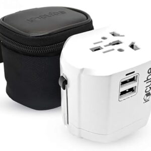Worldwide Travel Plug Adapter with 2 USB 2.4A Charging Ports | International Universal AC Socket, Dual Safety Fuse, Chip Protector for US UK EU AU Mobile Phone Tablet Laptop Gadget (White)