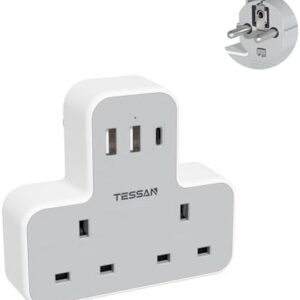 UK to European Travel Plug Adapter, TESSAN EU Adapter with 3 USB Ports (1 USB C), 2 Way Adaptor UK to Europe, Euro Plug for Spain Germany France Turkey Greece Portugal Type E F