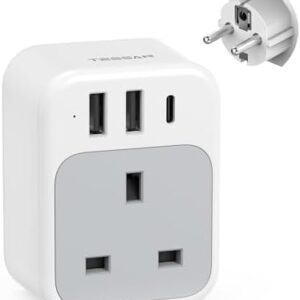 TESSAN UK to European Plug Adapter, USB C Travel Adaptor Europe with 3 USB, 3250W EU Charger Plug, Type E F for Euro Spain France Turkey Germany Egypt