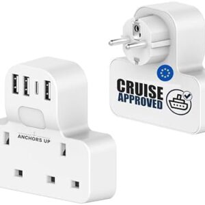 Cruise Approved 7-in-1 Travel Adapter – Non Surge for Cruise Ships – 4 USB Ports and Night Light – Works on Marella, MSC, Carnival, Princess, NCL, Disney, Fred Olsen – Cruise Essential (EU Plug)