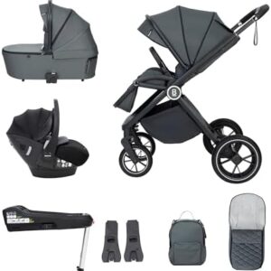 Babymore Kai Travel System with Pecan i-Size Infant Car Seat - Safety Tested 3 in 1 Pram Travel System with Isofix Base & All Accessories, Flip and Fold System, 0-4 Years | Upto 22 Kg - Forest Grey