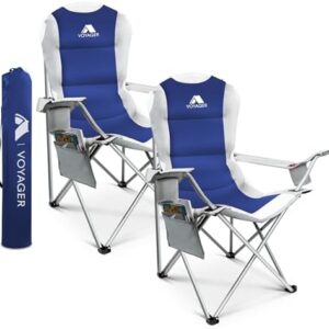 Voyager 2 Pack Premium Outdoor Camping Chair Set, 120kg Capacity, 3.3kg Per Chair, Waterproof & Foldable with Cup Holder & Side Pockets - Ideal for Garden, Fishing, Picnic, Camping & Travel Comfort