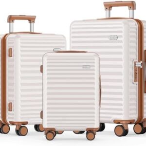 SHOWKOO Suitcase Sets 3 Piece Expandable Hardshell 100% PC Lightweight Carry on Travel Hand Luggage with Double Spinner Wheels & TSA Lock, Beige White