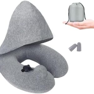 OWill Inflatable Travel Pillow,Ergonomic Push Adult Hooded Travel Neck Pillow Memory Foam,Inflatable Travel Pillow Cushion for Airplane Car Train Camping