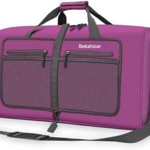 Bekahizar 60L Foldable Duffle Bag Large Lightweight Packable Travel Weekend Duffel with Shoe Compartment and Shoulder Strap for Luggage, Gym, Sport, Camping, Storage, Shopping (Purple)