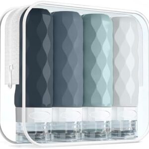 Silicone Travel Bottles for Toiletries with Clear Bag- 4 Pack Holiday Essentials Travel Bottles for Toiletries- Refillable Shampoo and Conditioner Bottle -Leakproof, Squeezy Travel Accessories