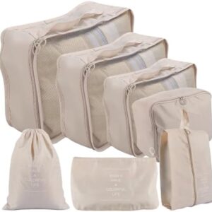 Aselected 7 PCS Travel Organiser Packing Bags Packing Cubes Travel Luggage Packing Organizers Clothes Shoes Cosmetics Toiletries Storage Bags (Beige)
