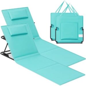 SONGMICS Set of 2 Folding Beach Sunloungers, Deck Beach Chairs Mats, Reclining Backrest, Lightweight Portable with Handle, for Camping Garden Pool, 158 x 55 cm, Lake Blue GCB251C01