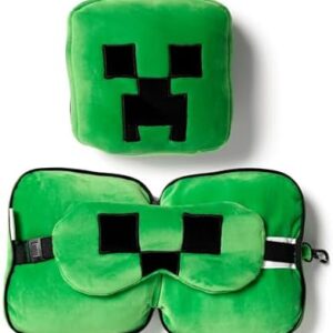 Puckator Relaxeazzz Minecraft Creeper Shaped Plush Travel Pillow & Eye Mask - Sleep Eye Mask Masks - Kids Travel Accessories For Sleeping Airplane - Flight Plane Neck Pillow Pillows