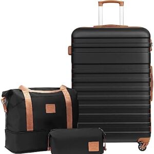 COOLIFE Suitcase Trolley Carry On Hand Cabin Luggage Hard Shell Travel Bag Lightweight with TSA Lock,The Suitcase Included 1pcs Travel Bag and 1pcs Toiletry Bag (Black/Brown, 28 Inch Luggage Set)