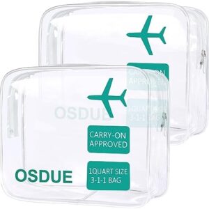 OSDUE 2-Size Clear Travel Bags, TSA Approved with Zippers for Airport Security, Portable Waterproof Cosmetic Bags for Women and Men