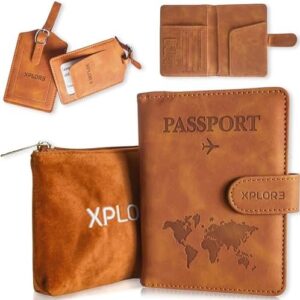XPLOR3® Passport Holder RFID Blocking & Luggage Tags Set - Travel Wallet Organiser for Documents - Gifts for Men, Women, and Families (UK) (Brown)