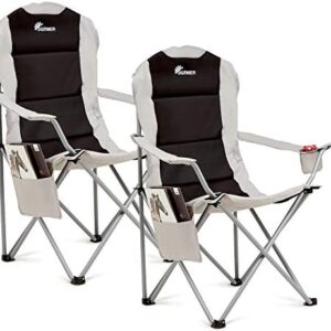 SUNMER Padded Camping Chairs - Set of 2 Deluxe Folding Chairs with Cup Holder and Side Pockets, Holds up to 120kg - Lightweight 3.3kg per Chair - Black & Grey