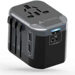 Universal Travel Adapter, International Travel Plug Adapter with 2 USB-C and 2 USB Ports, All in One Plug Adaptor with Dual Safety Fuses, UK to European Plug Adaptor for EU USA Australia etc