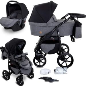 Boston 3-in-1 Pram & Travel System - Lightweight Foldable Baby Pushchair & Buggy with Car Seat Rear & Forward Facing - Complete Set with Accessories Gray Jeans Black