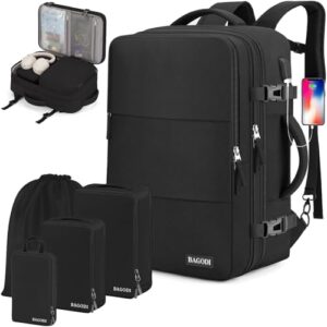 BAGODI Carry On Backpack, 40L Airline Approved Travel Backpack for Men & Women, Gym & Business Laptop Daypack (Black, With 4 Packing Cubes)