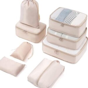 Meowoo Packing Cubes for Suitcases 8Pcs Set, Waterproof Travel Luggage Organizer with Shoes & Toiletries Bags - Lightweight Clothes Storage for Travel Essentials (Beige)