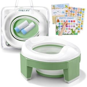 Potty Training Toilet Seat Portable Travel Potty for Toddlers 3-in-1 Chairs Baby Foldable WC Liners Detachable Reusable Outdoor and Indoor with Storage Bag Suitable Boys Girls Easy to Clean (Green)