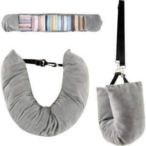 Stuffable Neck Pillow for Travel,Neck Pillow Stuffable with Clothes, Travel neck pillows With Adjustable Straps, Soft Neck Pillow Fillable Go Travel for Essentials Extra Luggage (1, Grey)