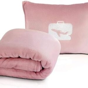 Travel Blanket and Pillow, Ultra Soft 2 in 1 Airplane Blanket with Compact Pillowcase, Luggage Strap, Lightweight Travel Essential, Ideal for Long Flights, Camping, Sunset (Light Pink)