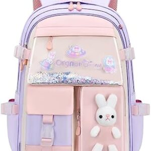 Kawaii Bunny Primary Girls Backpacks Elementary School Bags Bookbags with Refrigerator Front Pocket, Purple-Large