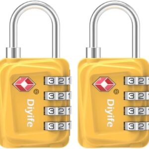 TSA Luggage Locks, [Updated Version] [2 Packs] Diyife 4-Digit Security Padlock, Resettable Zinc Alloy Combination Padlocks, Small Code Lock for Travel Suitcases Luggage Bag Case (Yellow)