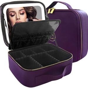 MOMIRA Makeup Bag with Mirror and Light Travel Makeup Train Case Cosmetic Bag Organizer Portable Artist Storage Bag with Adjustable Dividers Makeup Brushes Storage Organizer Deep purple, Deep purple