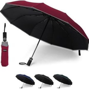 KEPLIN Folding Travel Umbrella, Automatic Open & Close Ergonomic Handle, Golf Umbrella 10 Ribs, Portable Slim Strong Lightweight Umbrella, Travel Approved