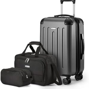 Amazon Basics Hardside Carry-On Spinner Luggage Set, 3-Piece, Carry-On Suitcase, Tote Bag, Compact Travel Bag, Expandable, 4 Spinner Wheels, Black