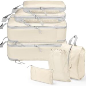 Compression Packing Cubes, Travel Storage Bag, Suitcase Organizer Bags, Carry On Luggage (Beige, Set of 7)