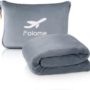 Folame Soft Travel Blanket and Pillow - 2 in 1 Airplane Blanket Compact with Soft Bag Pillowcase, Luggage Belt and Backpack Clip, Portable Long Flight Essentials for Travel- Gray